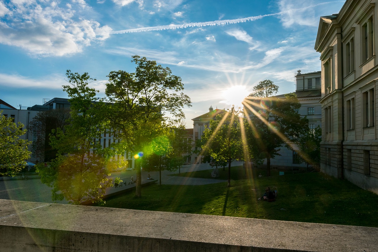 This is a decorative image showing the sun is rising over a university campus.